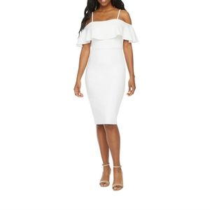 NEW PREMIER AMOR OFF WHITE Sleeve Cold Shoulder Midi Sheath Dress